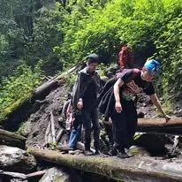Grupo de senderistas avanzando por un bosque